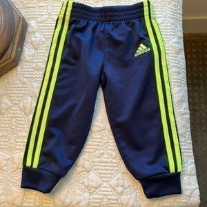 Adidas Baby Boy’s blue and neon green striped joggers size 12 months EUC